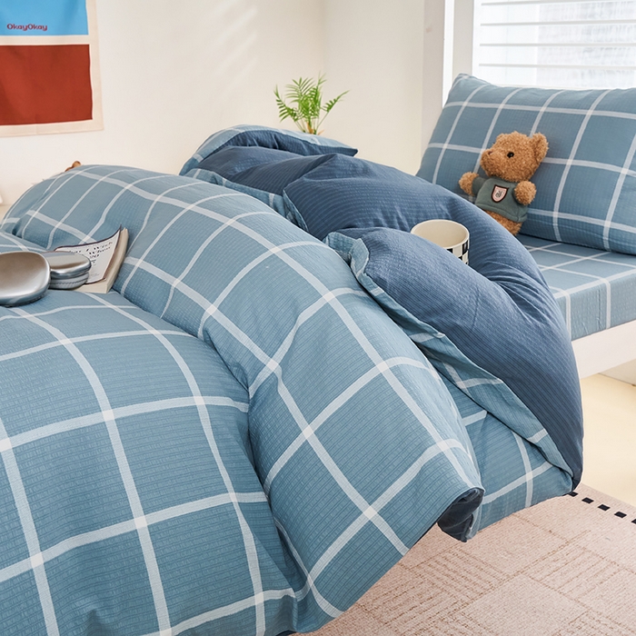 91家纺网 家纺一手货源 找家纺 卢赛尔 2025新款简约格子水洗学生季学生宿舍三件套 莫奈-兰