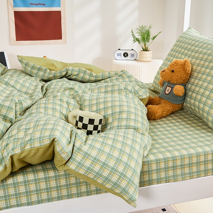 91家纺网 家纺一手货源 找家纺 卢赛尔 2025新款简约格子水洗学生季学生宿舍三件套 青柠-绿