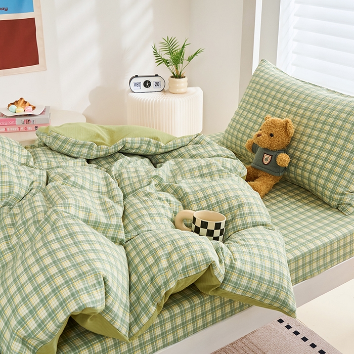 91家纺网 家纺一手货源 找家纺 卢赛尔 2025新款简约格子水洗学生季学生宿舍三件套 青柠-绿