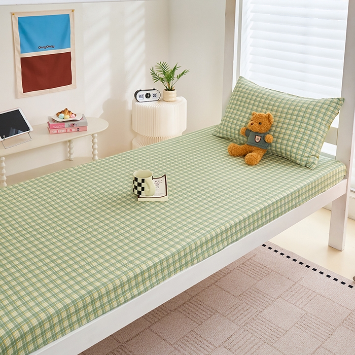 91家纺网 家纺一手货源 找家纺 卢赛尔 2025新款简约格子水洗学生季学生宿舍三件套 青柠-绿