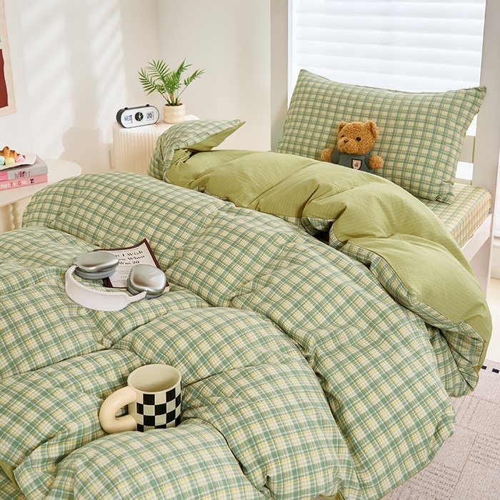 91家纺网 家纺一手货源 找家纺 卢赛尔 2025新款简约格子水洗学生季学生宿舍三件套 青柠-绿