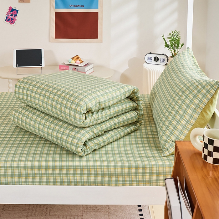 91家纺网 家纺一手货源 找家纺 卢赛尔 2025新款简约格子水洗学生季学生宿舍三件套 青柠-绿