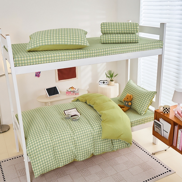 91家纺网 家纺一手货源 找家纺 卢赛尔 2025新款简约格子水洗学生季学生宿舍三件套 青柠-绿
