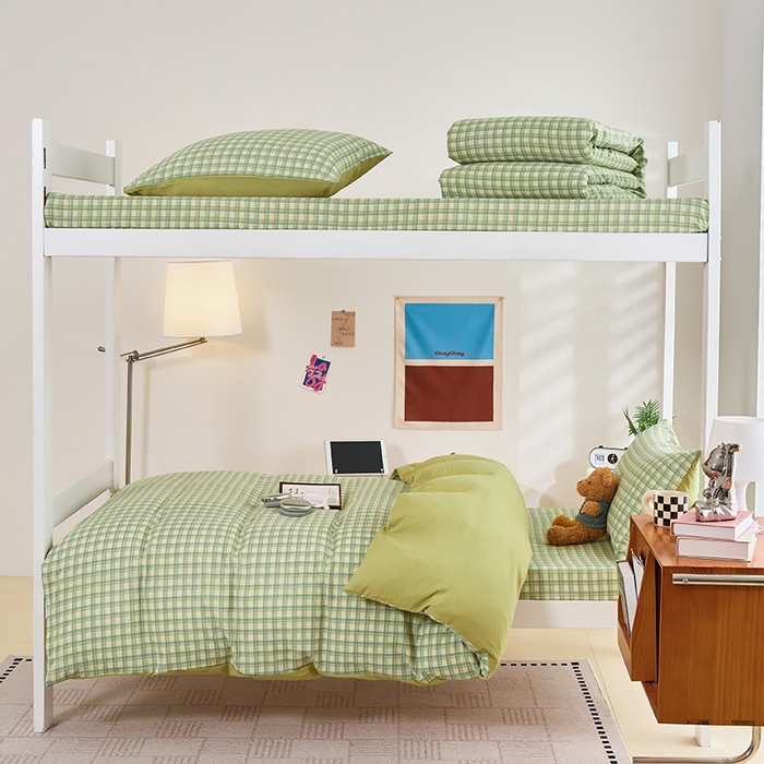 卢赛尔 2025新款简约格子水洗学生季学生宿舍三件套 青柠-绿