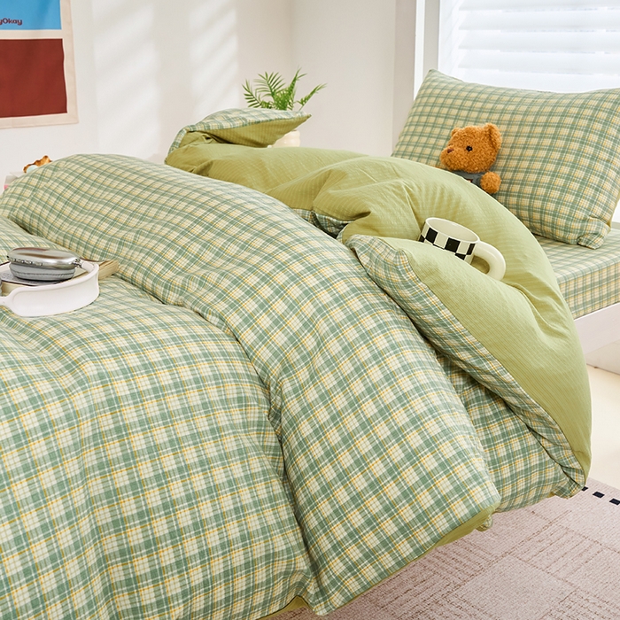 91家纺网 家纺一手货源 找家纺 卢赛尔 2025新款简约格子水洗学生季学生宿舍三件套 青柠-绿