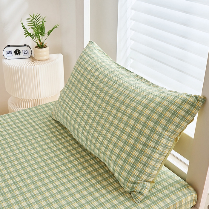 91家纺网 家纺一手货源 找家纺 卢赛尔 2025新款简约格子水洗学生季学生宿舍三件套 青柠-绿