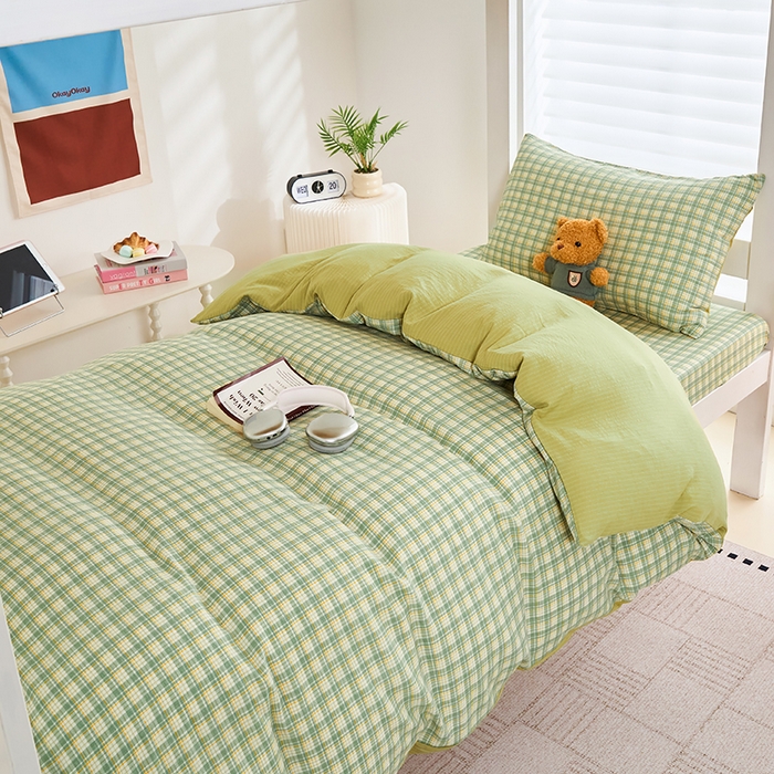 91家纺网 家纺一手货源 找家纺 卢赛尔 2025新款简约格子水洗学生季学生宿舍三件套 青柠-绿