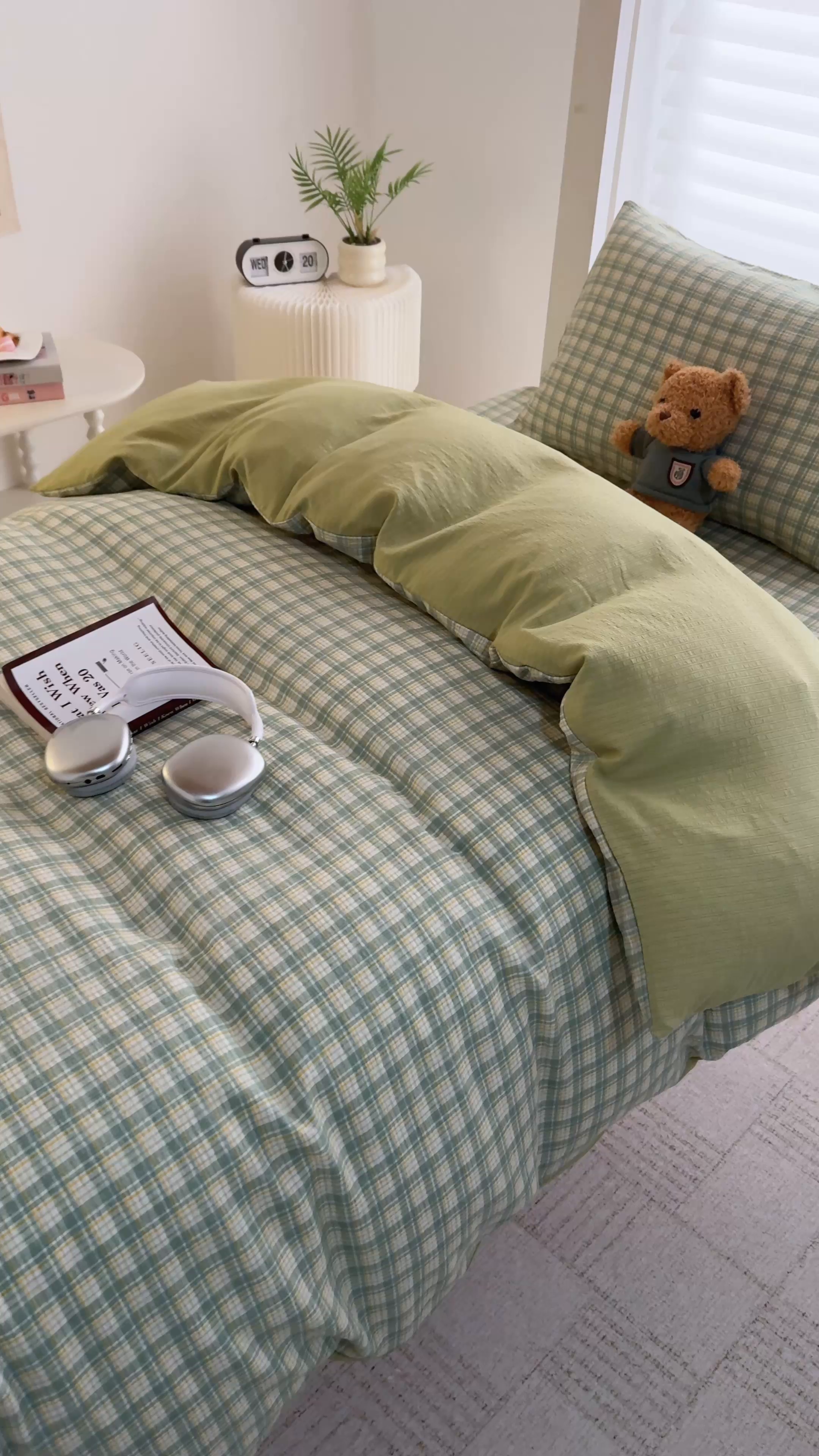 91家纺网 家纺一手货源 找家纺 卢赛尔 2025新款简约格子水洗学生季学生宿舍三件套 青柠-绿