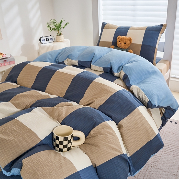 91家纺网 家纺一手货源 找家纺 卢赛尔 2025新款简约格子水洗学生季学生宿舍三件套 圣代-蓝