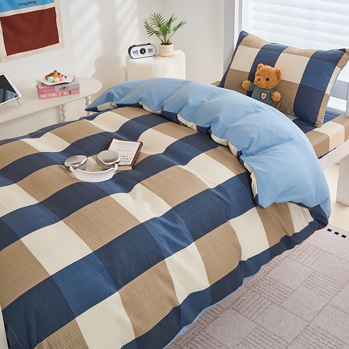 91家纺网 家纺一手货源 找家纺 卢赛尔 2025新款简约格子水洗学生季学生宿舍三件套 圣代-蓝