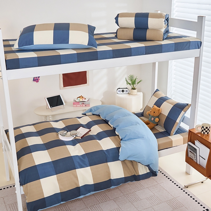 91家纺网 家纺一手货源 找家纺 卢赛尔 2025新款简约格子水洗学生季学生宿舍三件套 圣代-蓝