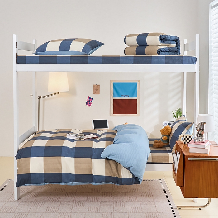 卢赛尔 2025新款简约格子水洗学生季学生宿舍三件套 圣代-蓝