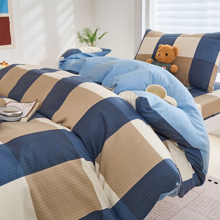 91家纺网 家纺一手货源 找家纺 卢赛尔 2025新款简约格子水洗学生季学生宿舍三件套 圣代-蓝