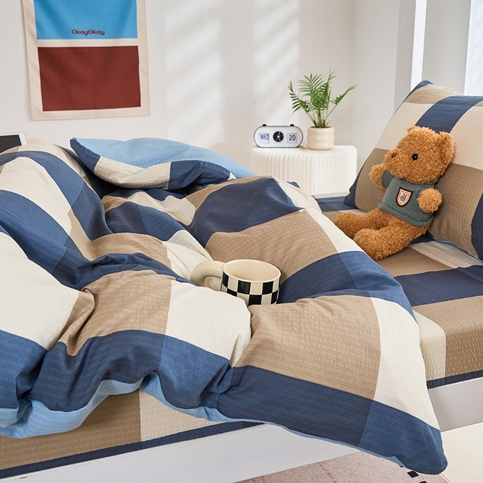 91家纺网 家纺一手货源 找家纺 卢赛尔 2025新款简约格子水洗学生季学生宿舍三件套 圣代-蓝