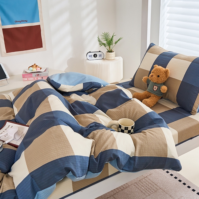 91家纺网 家纺一手货源 找家纺 卢赛尔 2025新款简约格子水洗学生季学生宿舍三件套 圣代-蓝