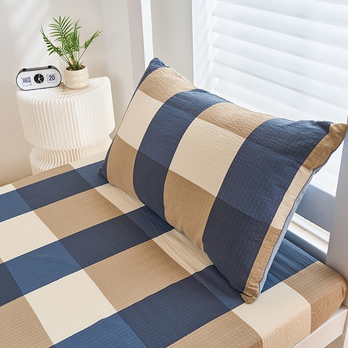 91家纺网 家纺一手货源 找家纺 卢赛尔 2025新款简约格子水洗学生季学生宿舍三件套 圣代-蓝