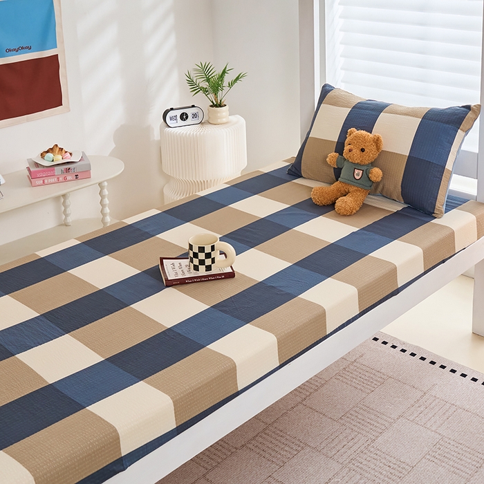 91家纺网 家纺一手货源 找家纺 卢赛尔 2025新款简约格子水洗学生季学生宿舍三件套 圣代-蓝