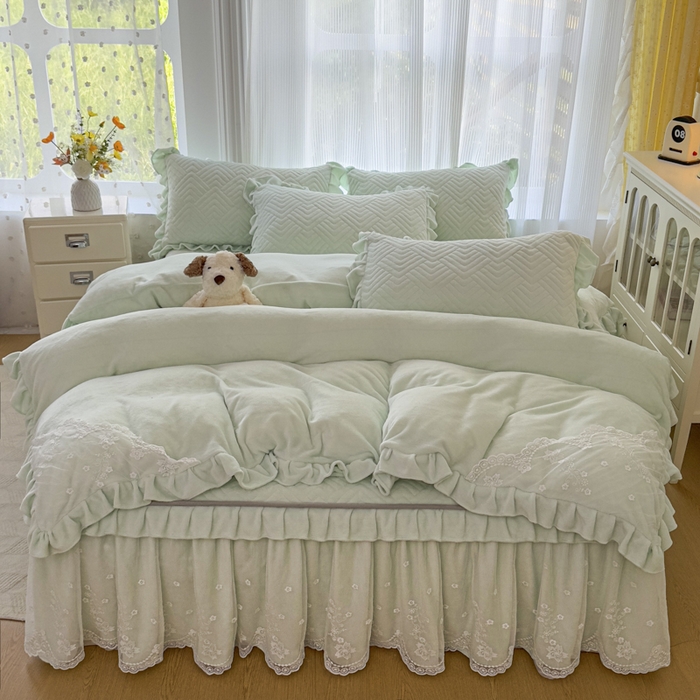 家之硕 2025秋冬款多功能牛奶绒可拆卸式床笠床裙四件套 颜春绿