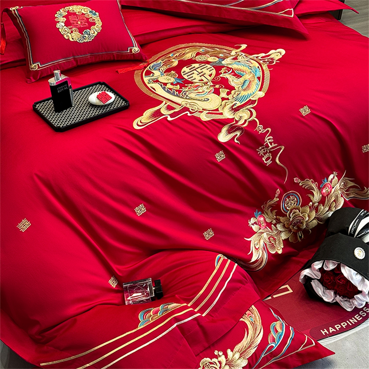 91家纺网 家纺一手货源 找家纺 美娘阁 2025新款长绒棉全棉贡缎提花款新中式古典韵味精美刺绣婚庆四件套-系列二 金玉满堂