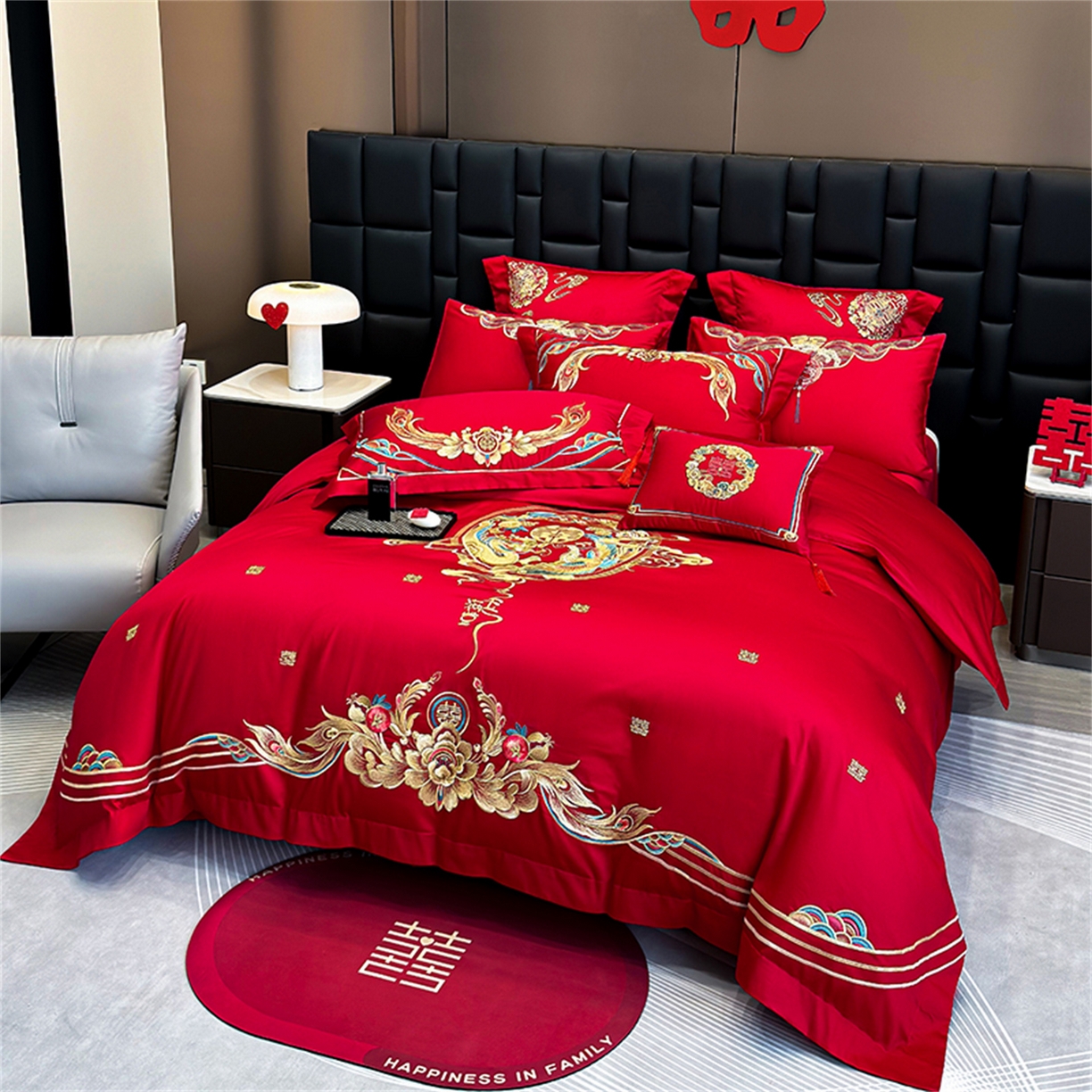 91家纺网 家纺一手货源 找家纺 美娘阁 2025新款长绒棉全棉贡缎提花款新中式古典韵味精美刺绣婚庆四件套-系列二 金玉满堂