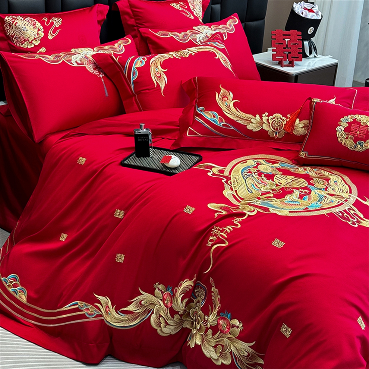 91家纺网 家纺一手货源 找家纺 美娘阁 2025新款长绒棉全棉贡缎提花款新中式古典韵味精美刺绣婚庆四件套-系列二 金玉满堂