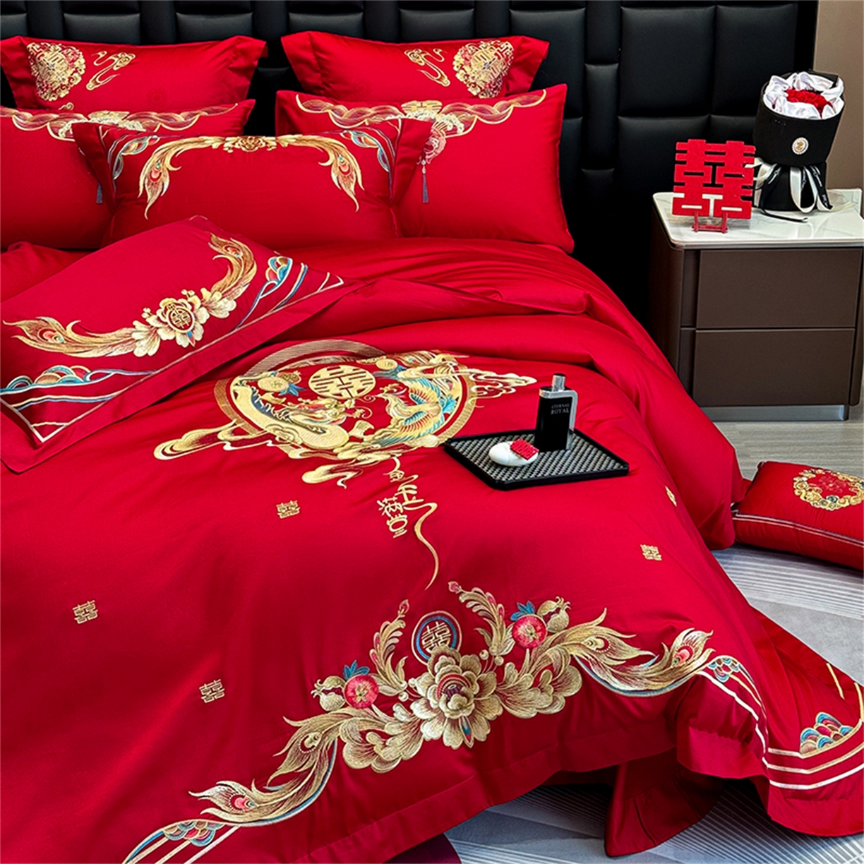 91家纺网 家纺一手货源 找家纺 美娘阁 2025新款长绒棉全棉贡缎提花款新中式古典韵味精美刺绣婚庆四件套-系列二 金玉满堂