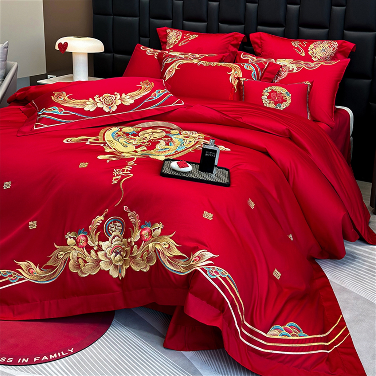 91家纺网 家纺一手货源 找家纺 美娘阁 2025新款长绒棉全棉贡缎提花款新中式古典韵味精美刺绣婚庆四件套-系列二 金玉满堂