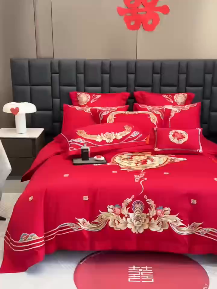 91家纺网 家纺一手货源 找家纺 美娘阁 2025新款长绒棉全棉贡缎提花款新中式古典韵味精美刺绣婚庆四件套-系列二 金玉满堂