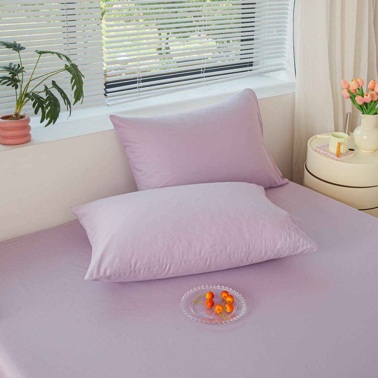 91家纺网 家纺一手货源 找家纺 恬澳家纺 2025新款纯色全棉床笠-棉语 棉语-淡紫