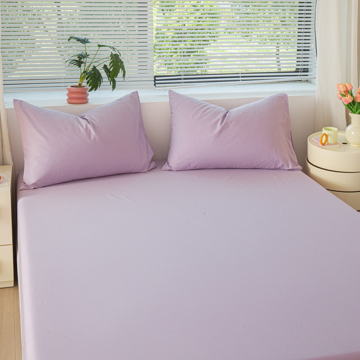 91家纺网 家纺一手货源 找家纺 恬澳家纺 2025新款纯色全棉床笠-棉语 棉语-淡紫