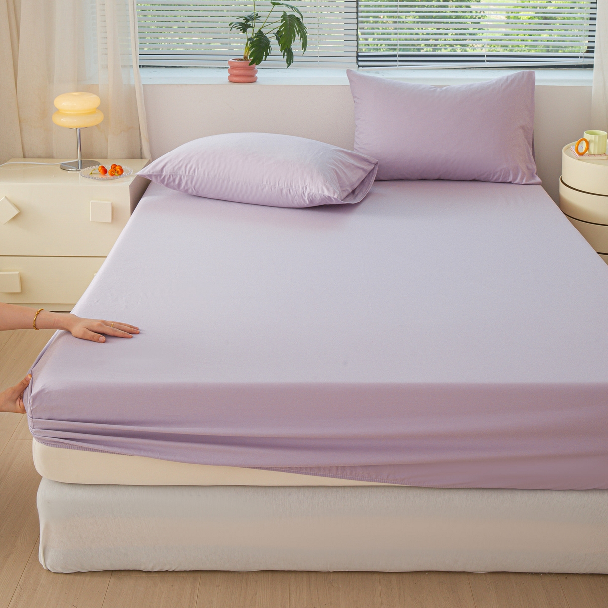 91家纺网 家纺一手货源 找家纺 恬澳家纺 2025新款纯色全棉床笠-棉语 棉语-淡紫