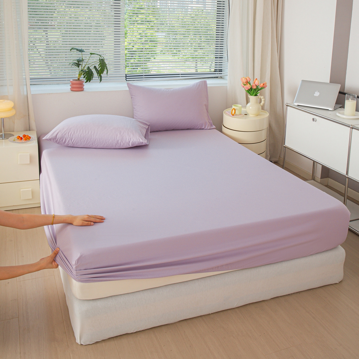 91家纺网 家纺一手货源 找家纺 恬澳家纺 2025新款纯色全棉床笠-棉语 棉语-淡紫