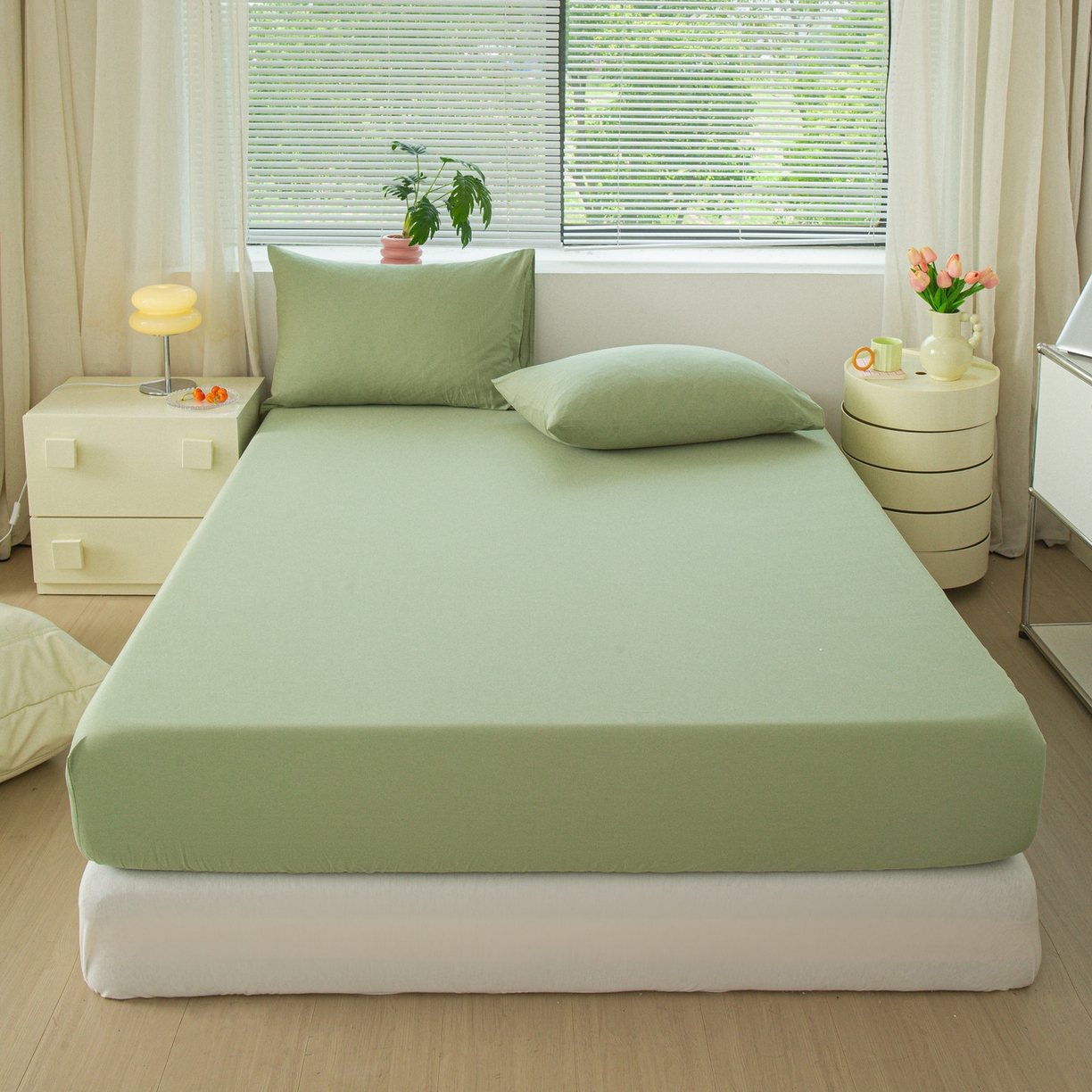 91家纺网 家纺一手货源 找家纺 恬澳家纺 2025新款纯色全棉床笠-棉语 棉语-果绿