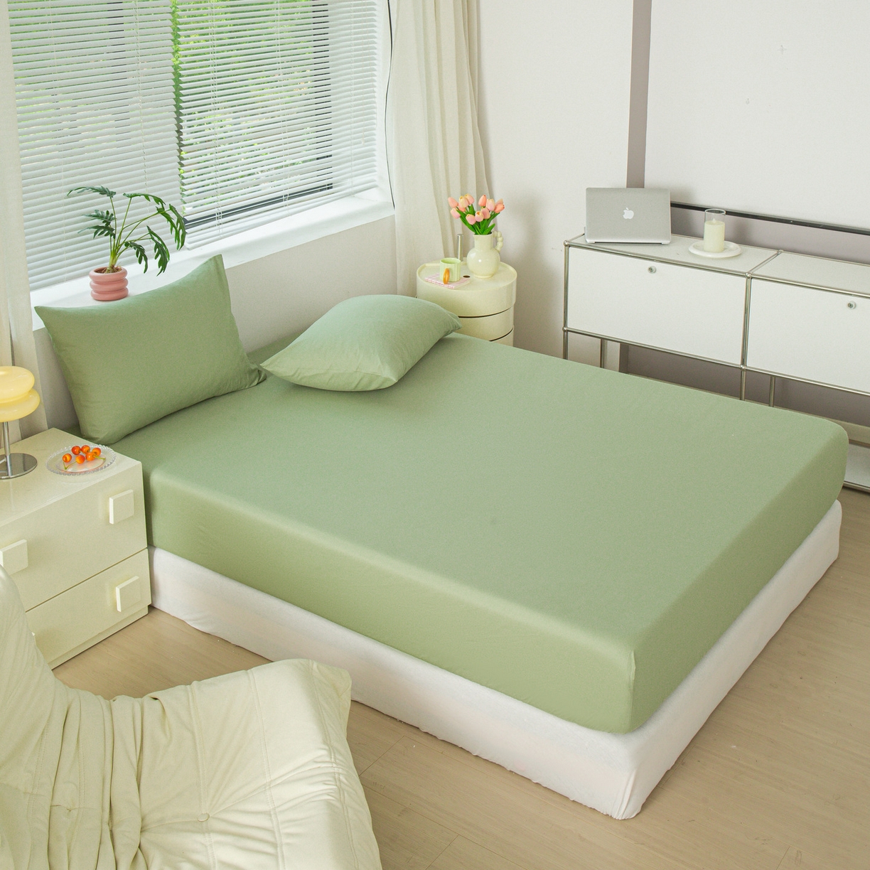 91家纺网 家纺一手货源 找家纺 恬澳家纺 2025新款纯色全棉床笠-棉语 棉语-果绿