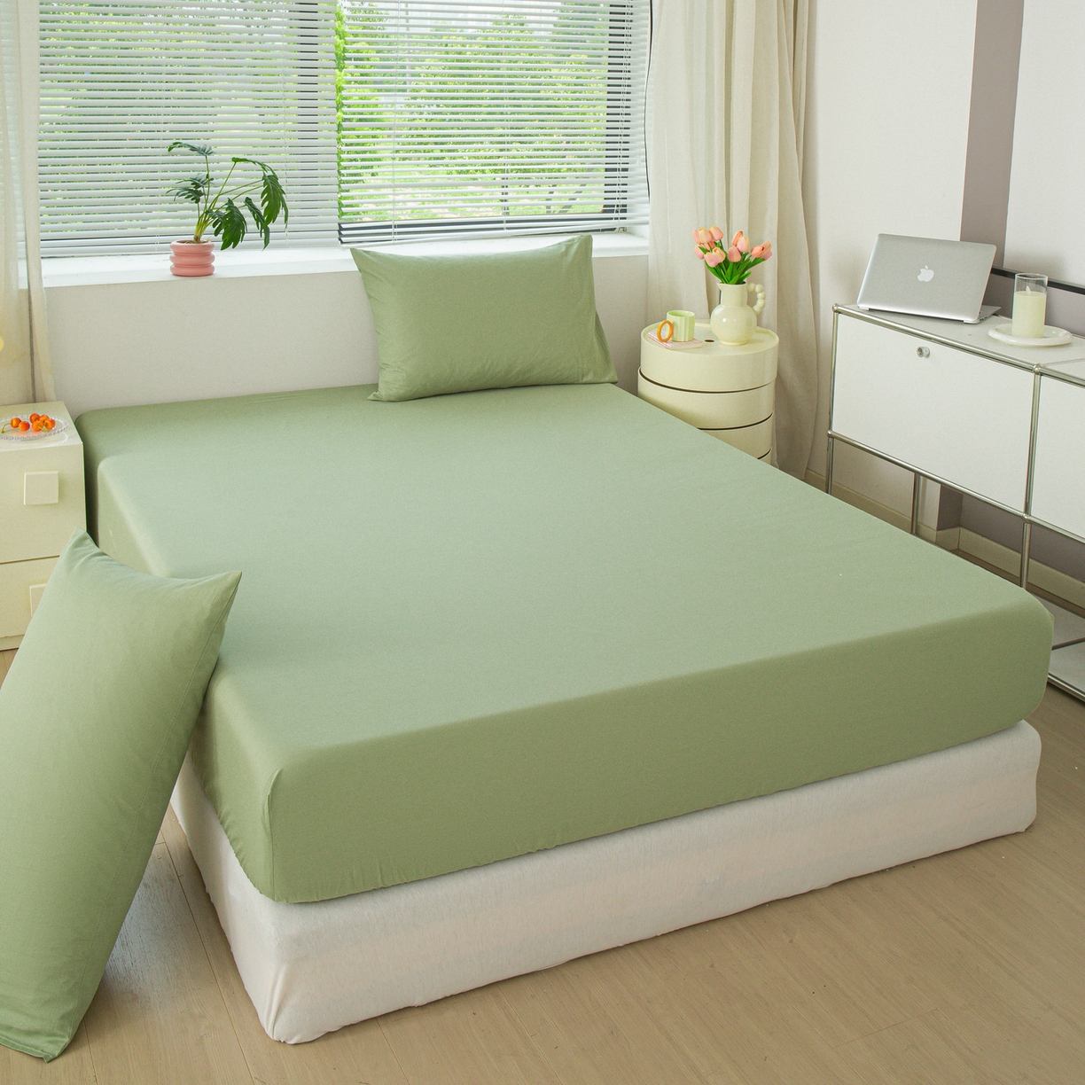 91家纺网 家纺一手货源 找家纺 恬澳家纺 2025新款纯色全棉床笠-棉语 棉语-果绿