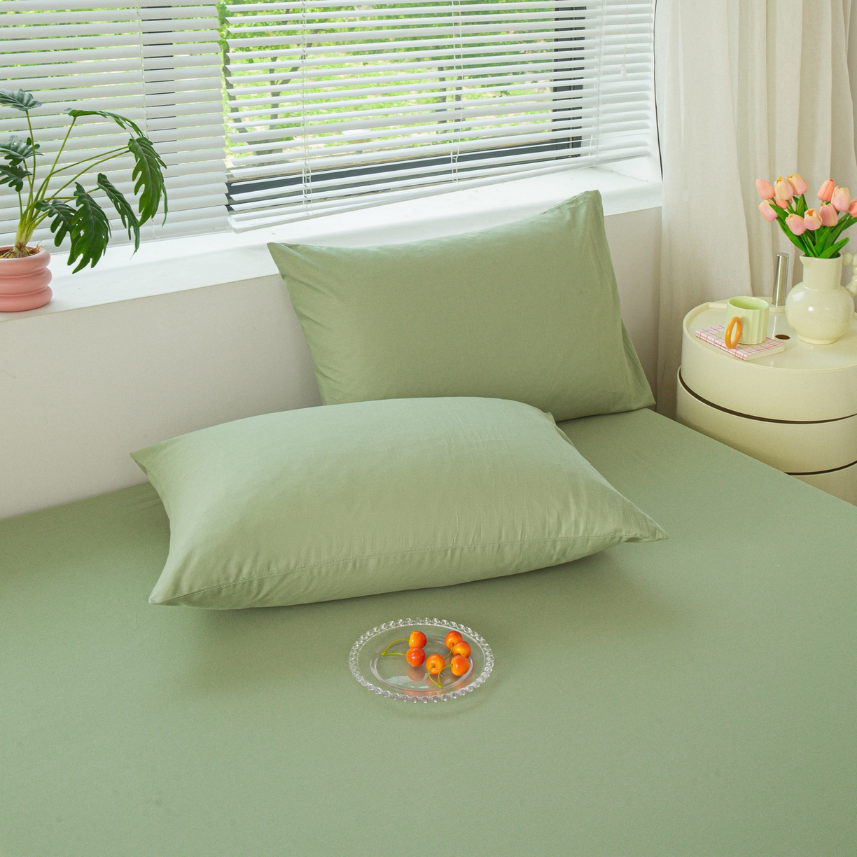 91家纺网 家纺一手货源 找家纺 恬澳家纺 2025新款纯色全棉床笠-棉语 棉语-果绿