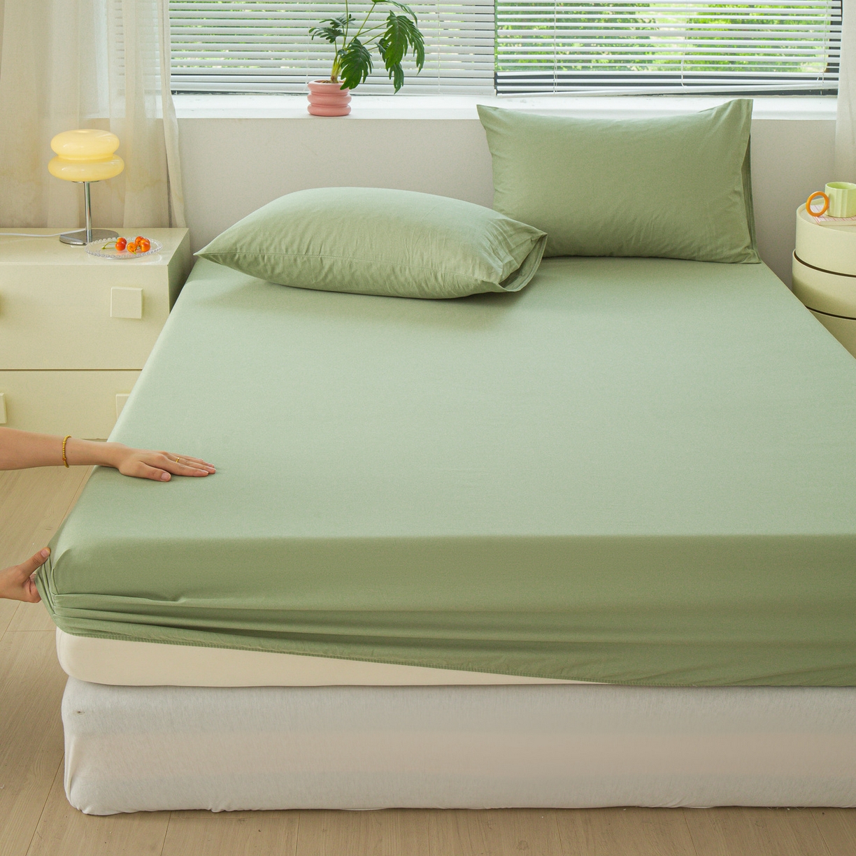 91家纺网 家纺一手货源 找家纺 恬澳家纺 2025新款纯色全棉床笠-棉语 棉语-果绿