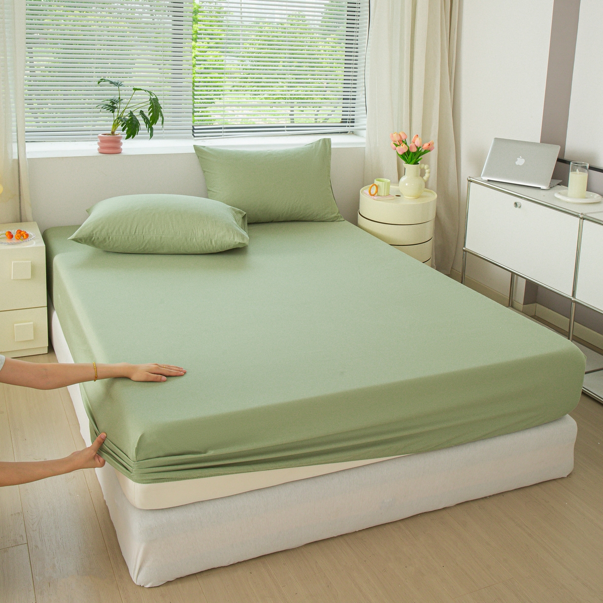 91家纺网 家纺一手货源 找家纺 恬澳家纺 2025新款纯色全棉床笠-棉语 棉语-果绿