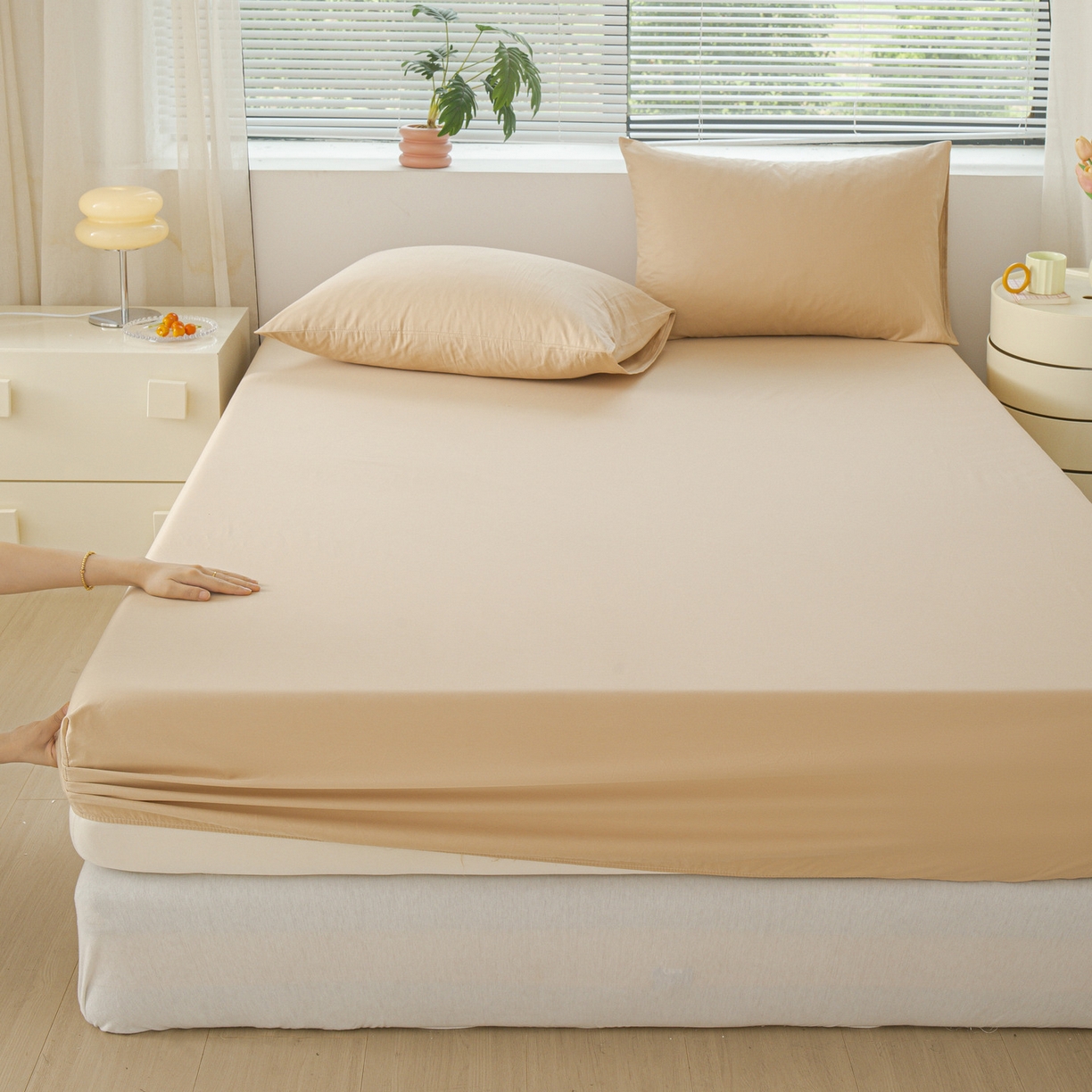 91家纺网 家纺一手货源 找家纺 恬澳家纺 2025新款纯色全棉床笠-棉语 棉语-米驼