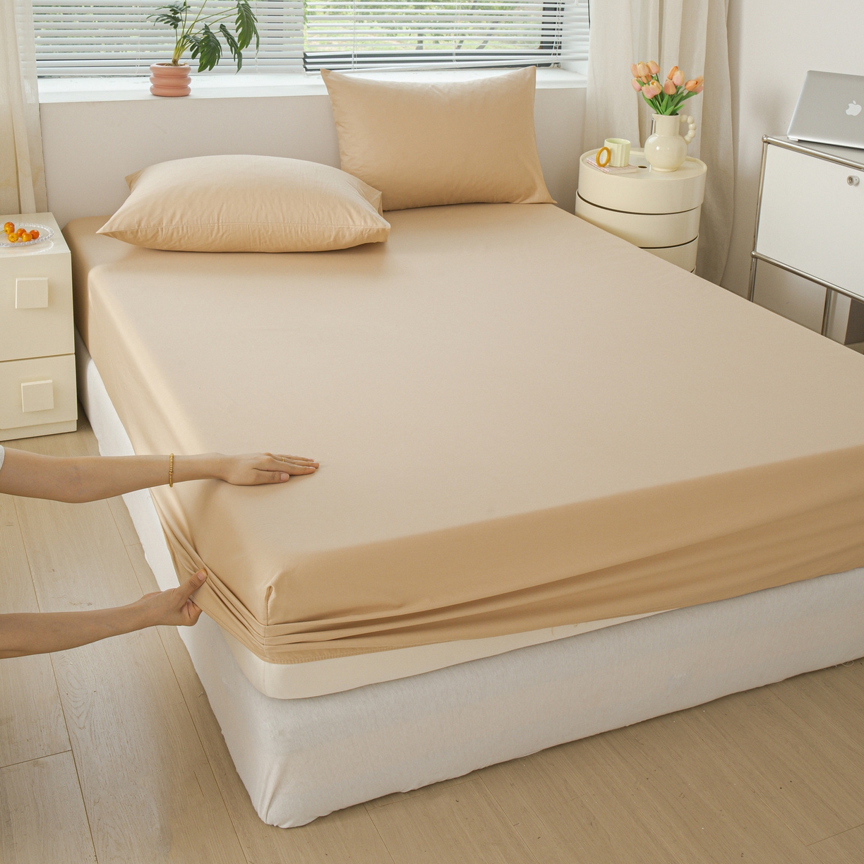 91家纺网 家纺一手货源 找家纺 恬澳家纺 2025新款纯色全棉床笠-棉语 棉语-米驼