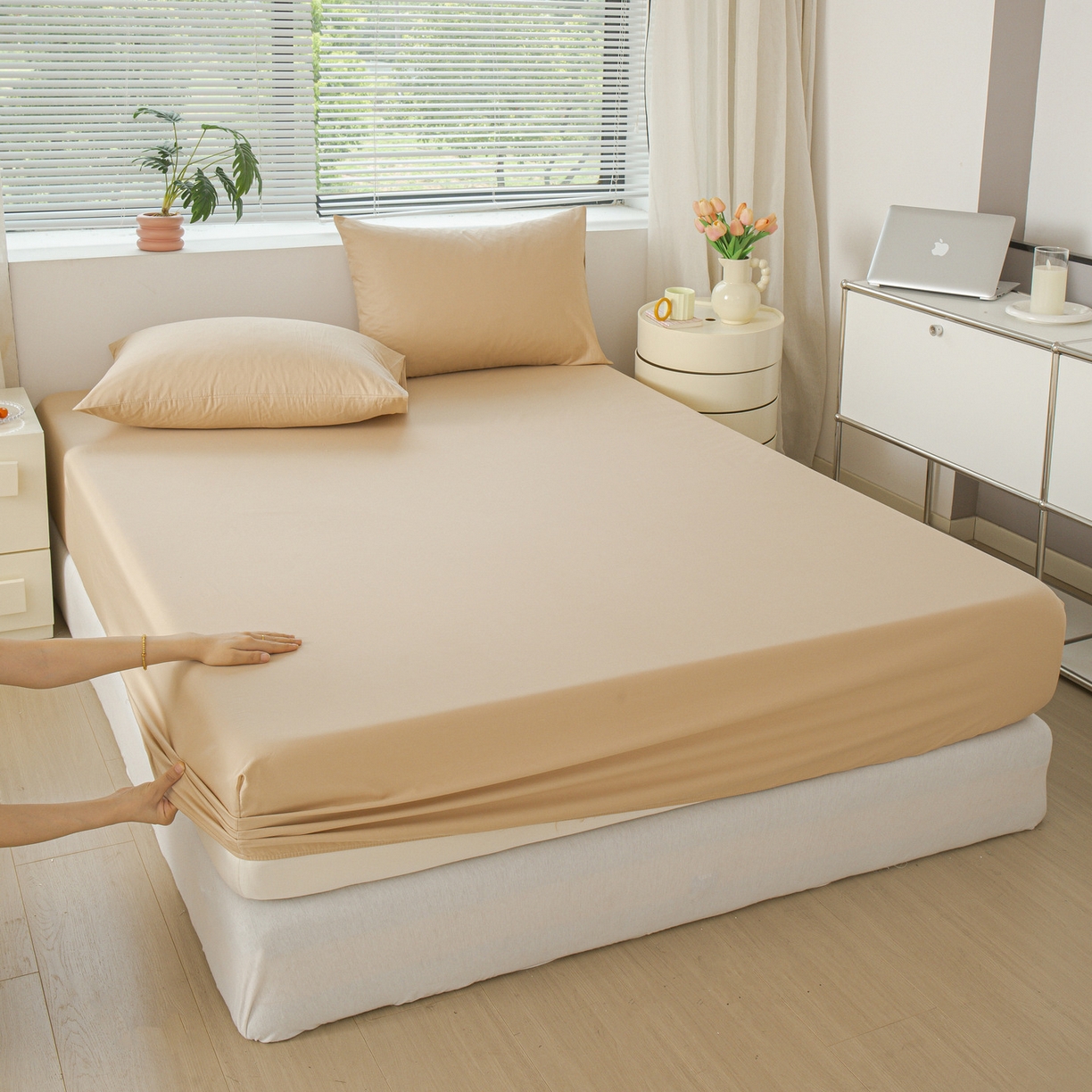 91家纺网 家纺一手货源 找家纺 恬澳家纺 2025新款纯色全棉床笠-棉语 棉语-米驼