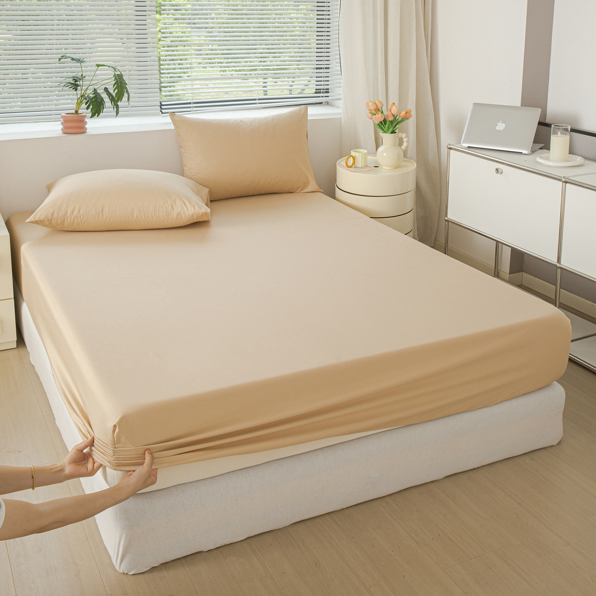 91家纺网 家纺一手货源 找家纺 恬澳家纺 2025新款纯色全棉床笠-棉语 棉语-米驼