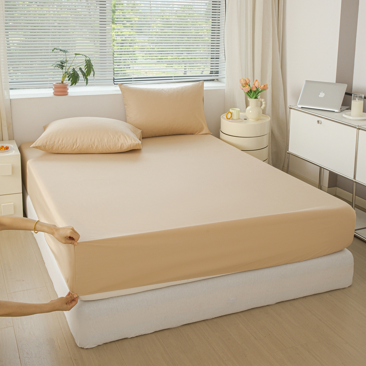 91家纺网 家纺一手货源 找家纺 恬澳家纺 2025新款纯色全棉床笠-棉语 棉语-米驼