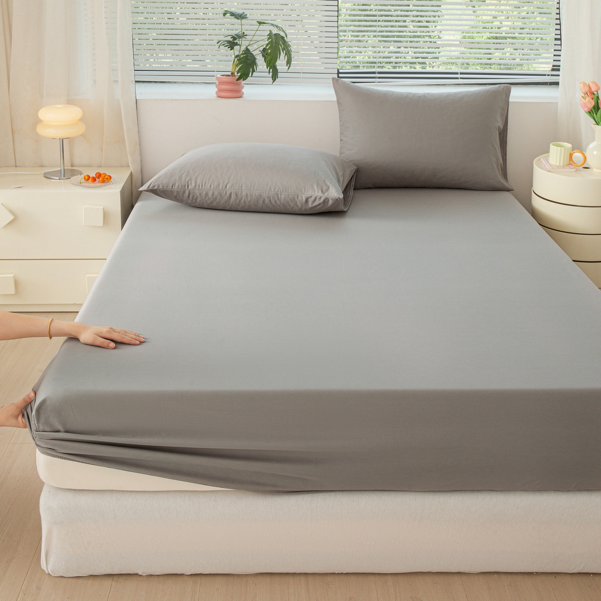 91家纺网 家纺一手货源 找家纺 恬澳家纺 2025新款纯色全棉床笠-棉语 棉语-深灰