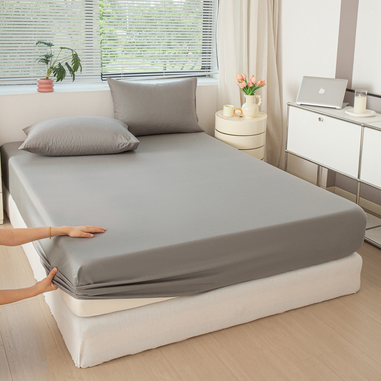 91家纺网 家纺一手货源 找家纺 恬澳家纺 2025新款纯色全棉床笠-棉语 棉语-深灰