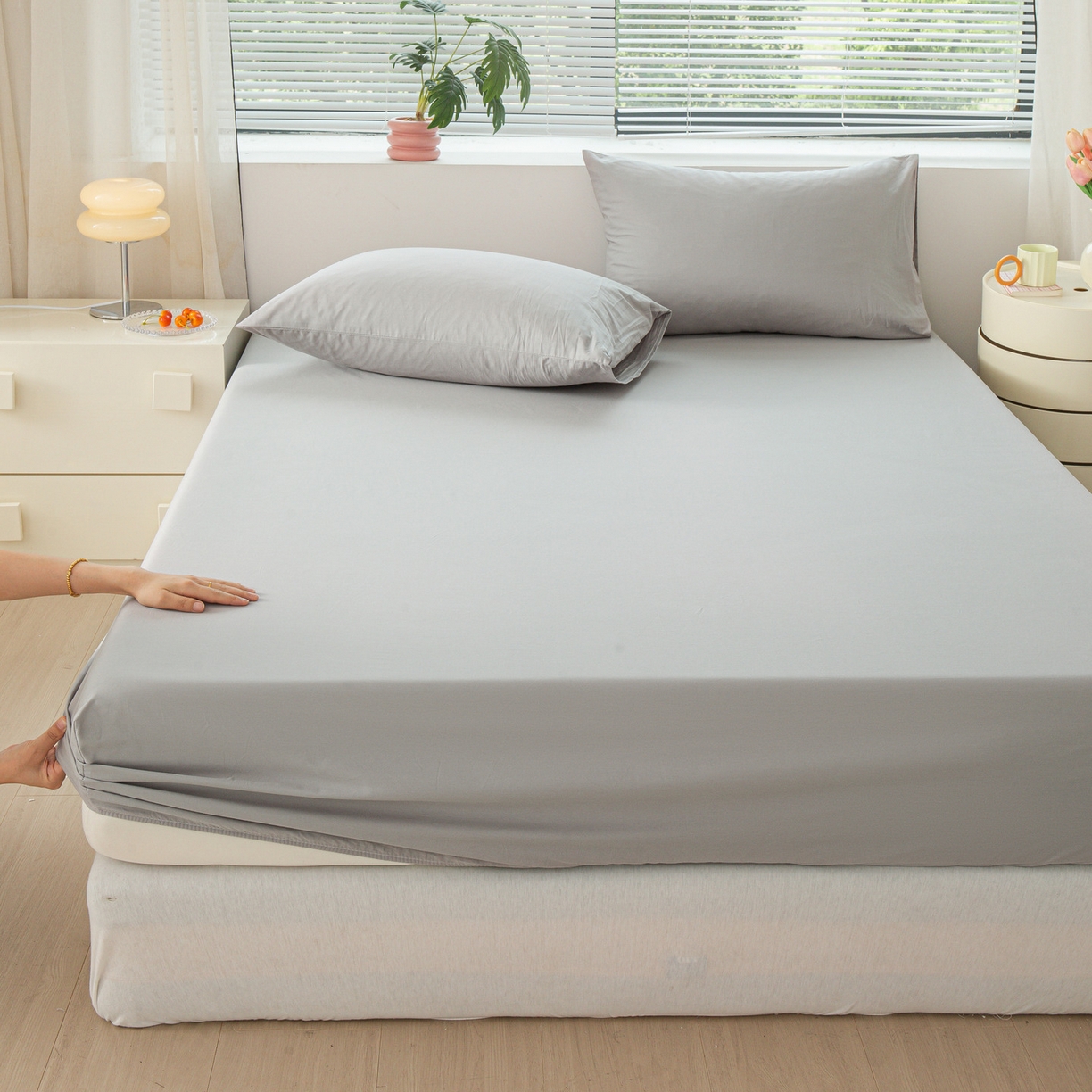 91家纺网 家纺一手货源 找家纺 恬澳家纺 2025新款纯色全棉床笠-棉语 棉语-松灰