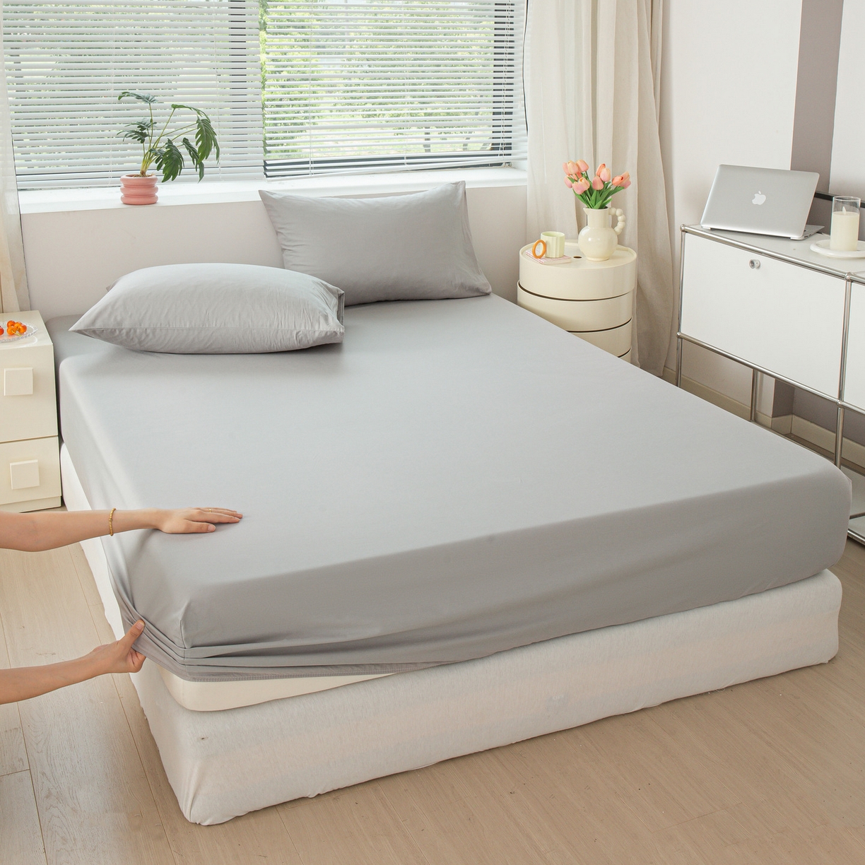 91家纺网 家纺一手货源 找家纺 恬澳家纺 2025新款纯色全棉床笠-棉语 棉语-松灰