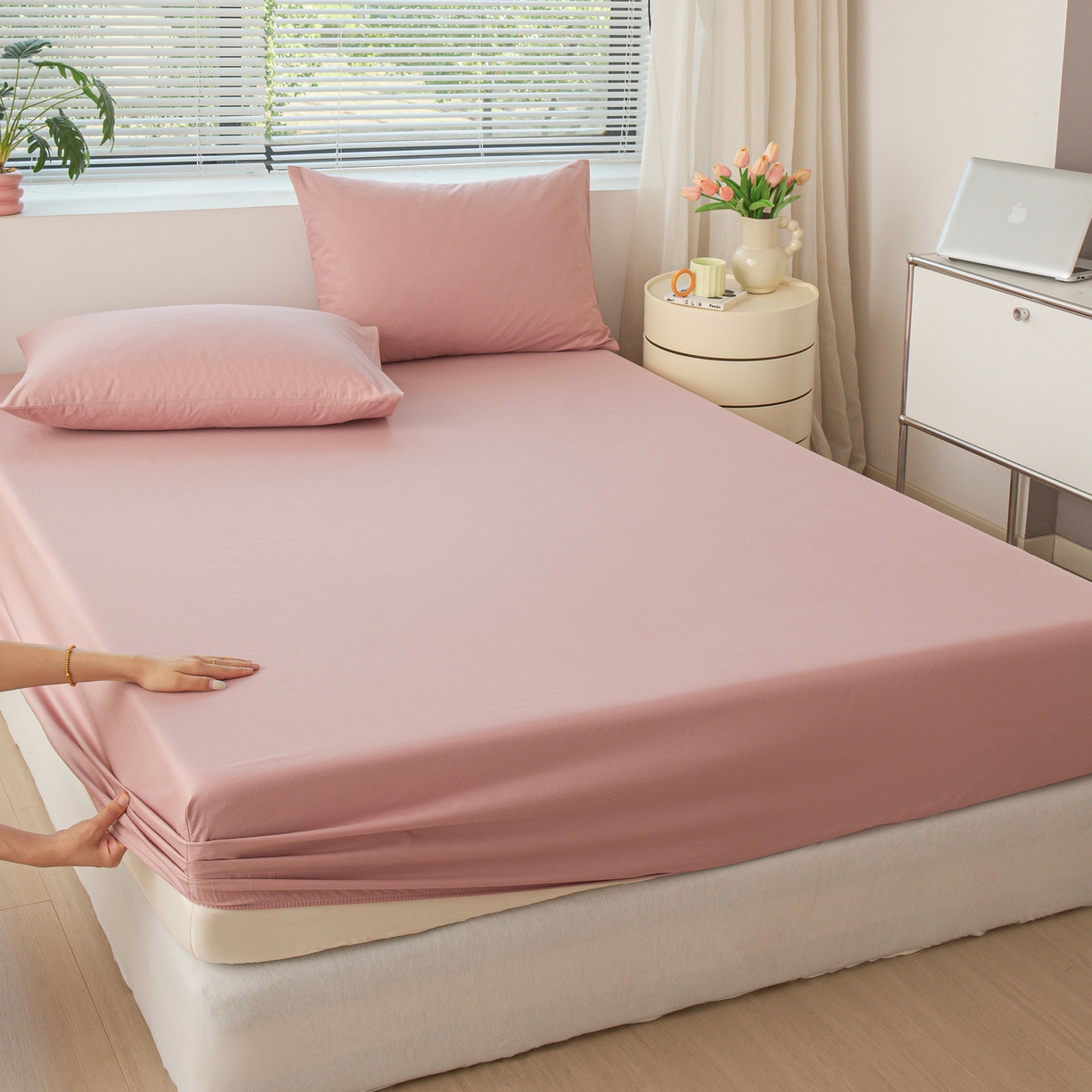 91家纺网 家纺一手货源 找家纺 恬澳家纺 2025新款纯色全棉床笠-棉语 棉语-桃粉