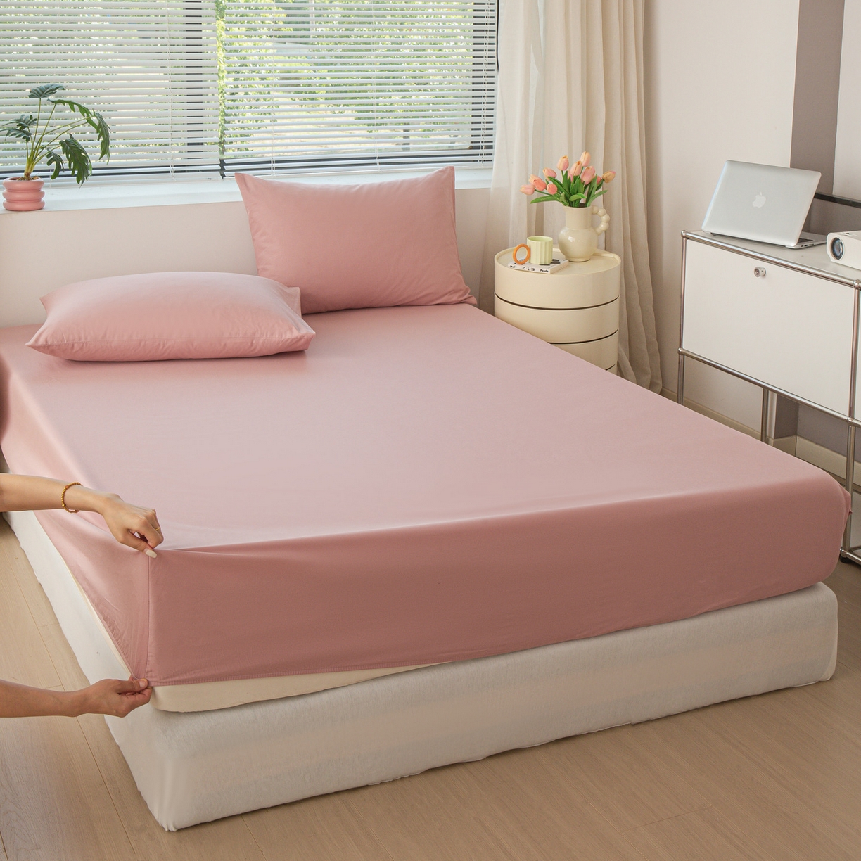 91家纺网 家纺一手货源 找家纺 恬澳家纺 2025新款纯色全棉床笠-棉语 棉语-桃粉