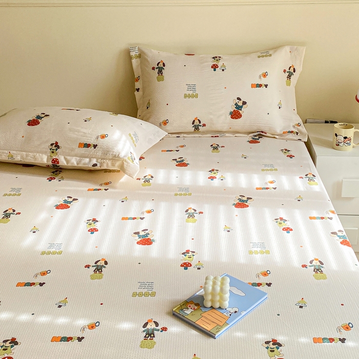 91家纺网 家纺一手货源 找家纺 恬澳家纺 2025新款A类印花泡泡棉床笠-场景一 布丁狗